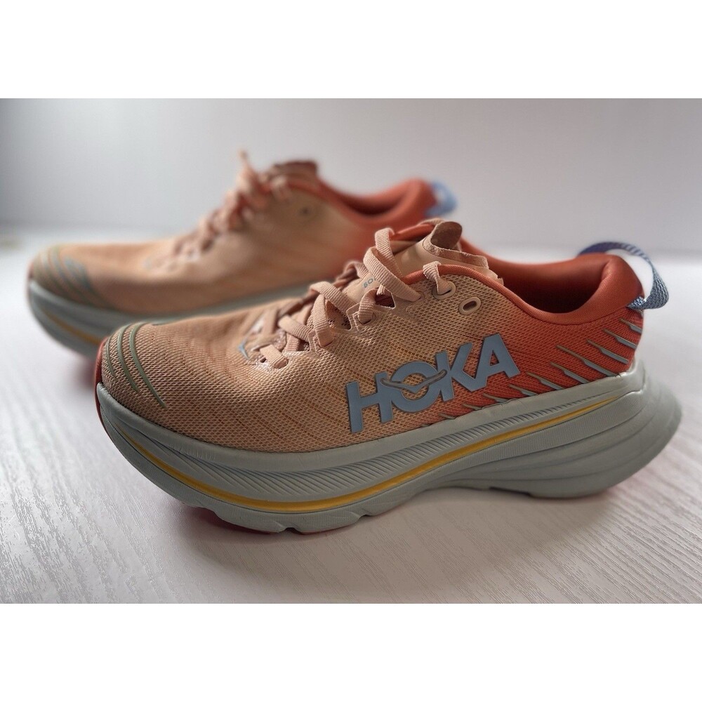 Hoka One One Bondi X Women’s 6B Running Shoes Coral Peach Blue Carbon Plate